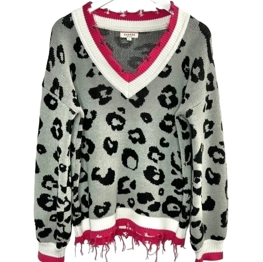 leopard print varsity trim pullover sweater Size largeV-neck Artsy Colorful